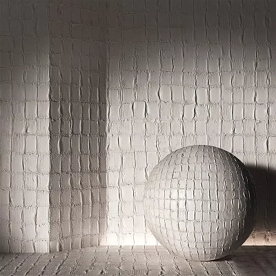Modern White Textured Floor Tiles In Interior With Matching Wall Design And Spherical Decor 3d model
