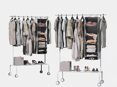 Various Styles Of Clothes On Rolling Racks With Storage Boxes And Shoes 3d model