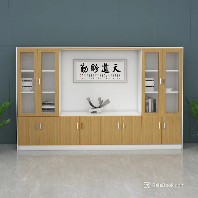 Wooden File Cabinets with Glass Doors Storage and Calligraphy Artwork in Modern Office Study Design 3d model 