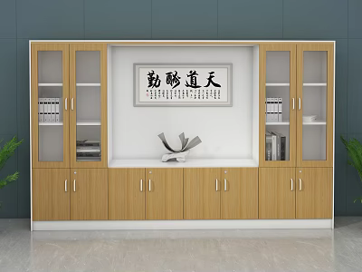 Wooden File Cabinets with Glass Doors Storage and Calligraphy Artwork in Modern Office Study Design 3d model