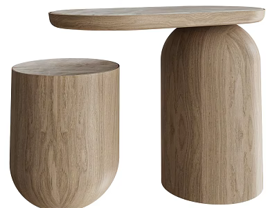 Modern Minimalist Wooden Table and Stool Set with Oval Top Cylindrical Base and Round Seat 3d model