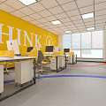Vibrant Activity Space With Yellow Curved Ceiling Bulletin Board Large GS Letters And Colorful Cushions