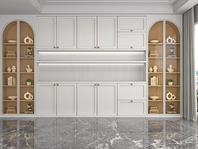 Modern Interior Display Cabinet Shelves With Arched Design White Cabinets And Decorative Items 3d model