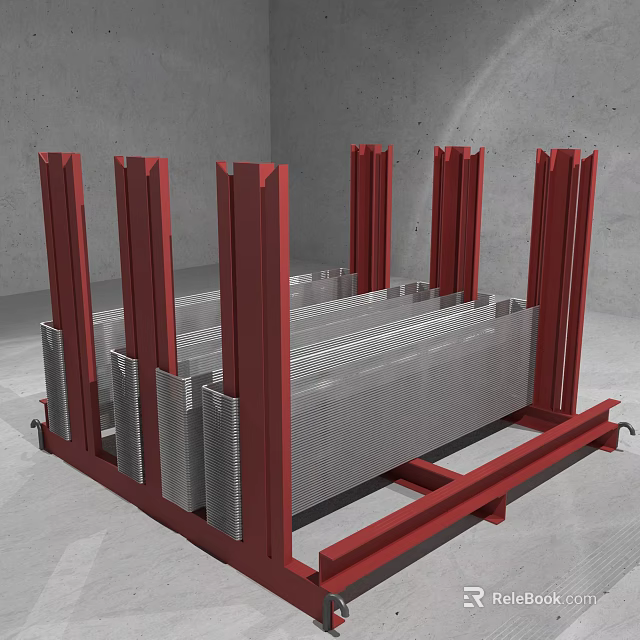 Red Metal Frames Structure Holding Stacked Industrial Metal Sheets 3d model