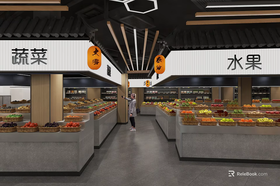 Supermarket Grocery Interior With Well Stocked Vegetable And Fruit Shelves And Customer Shopping 3d model 