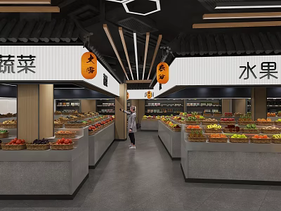Supermarket Grocery Interior With Well Stocked Vegetable And Fruit Shelves And Customer Shopping 3d model