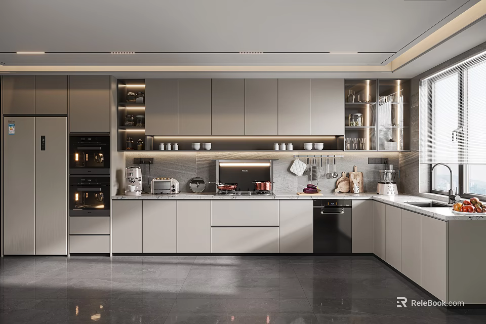 Modern Open Kitchen Interior With Gray Cabinets Island Countertop And Appliances 3d model 