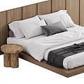 Double Bed With Wooden Headboard White Bedding Gray Pillows And Wooden Nightstands