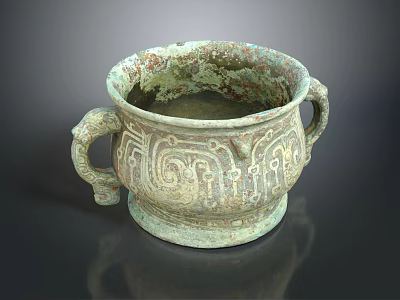 Ancient Bronze Vessel With Double Handles And Intricate Traditional Patterns 3d model