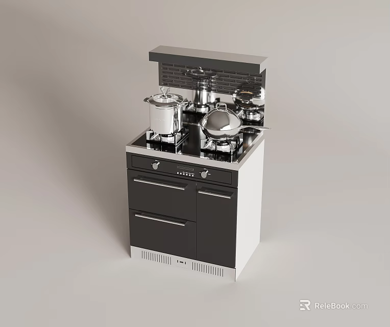 Modern Kitchen Appliance With Cooktop Pots Pans And Storage Drawers Design 3d model 