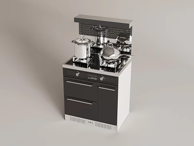 Modern Kitchen Appliance With Cooktop Pots Pans And Storage Drawers Design 3d model