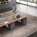 Modern Office Desk With Partition Screens Computer Monitors File Cabinets And Greenery