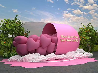 Pink Capsule Photo Spot With Pink Hearts White Clouds Green Trees And Blue Sky 3d model