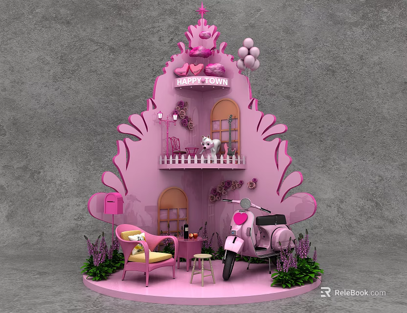 Pink Themed Photo Spot With Two Story House Scooter Chair Green Plants And Balloons 3d model 