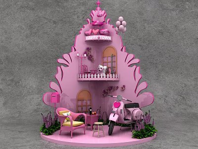 Pink Themed Photo Spot With Two Story House Scooter Chair Green Plants And Balloons 3d model