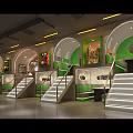 Modern Restaurant Interior With Green Orange Decor Neon Sign Staircases And Seating Booths