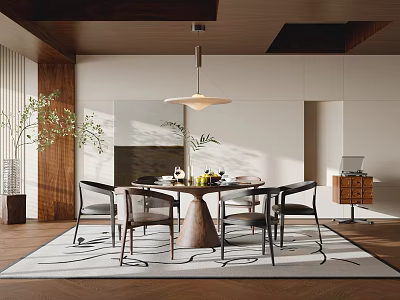 Modern Minimalist Restaurant Interior Decor With Dining Table Chairs Pendant Light And Wooden Elements 3d model