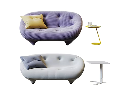 Purple And Light Gray Rounded Upholstered Multi Seater Sofa With Pillows And Side Tables 3d model