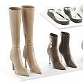 Women's High Heeled Boots And Heels In Beige Brown With Chain Details On White Shelves