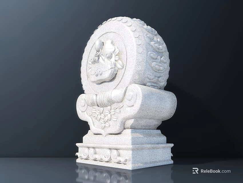 Carved Stone Garden Ornament Round Drum Shaped With Traditional Patterns And Ornate Base 3d model 