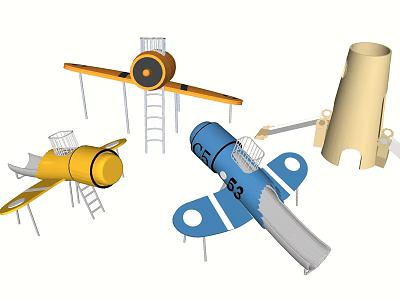 Children's Play Area With Airplane Shaped Play Equipment Yellow Blue Slides And Ladders 3d model