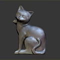 3D Rendered Metallic Cat Sculpture Sitting With Raised Front Paw And Dark Background Reflection