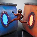 Game Film Character in Spacesuit Jumping Between Rusty Metal Containers With Blue Red Glowing Portals