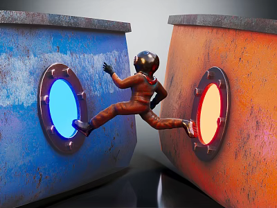 Game Film Character in Spacesuit Jumping Between Rusty Metal Containers With Blue Red Glowing Portals 3d model
