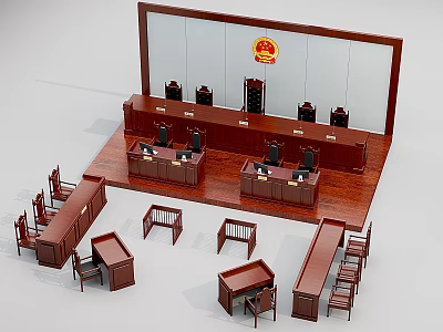 Courtroom Interior With Judge Bench Wooden Tables Chairs And National Emblem 3d model
