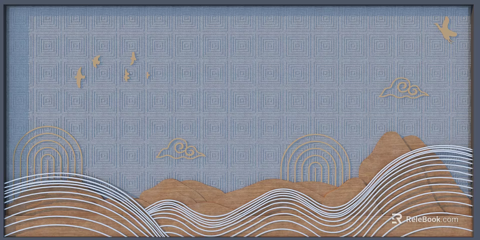 Blue Background Wall With Lattice Pattern Gold Clouds Flying Birds Rainbow And Wooden Wave Decorations 3d model 