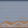 Blue Background Wall With Lattice Pattern Gold Clouds Flying Birds Rainbow And Wooden Wave Decorations
