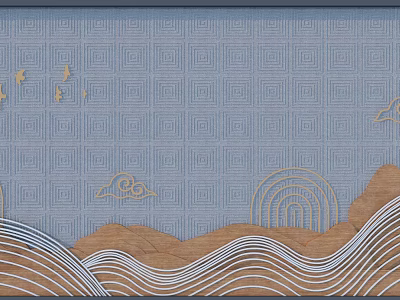 Blue Background Wall With Lattice Pattern Gold Clouds Flying Birds Rainbow And Wooden Wave Decorations 3d model