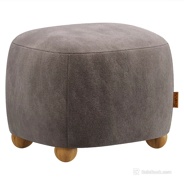 Modern Gray Round Ottoman With Soft Velvet Fabric And Wooden Legs 3d model 