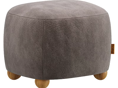 Modern Gray Round Ottoman With Soft Velvet Fabric And Wooden Legs 3d model