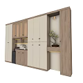 Modern Decorative Cabinet With Light Wood White Louvered Doors Open Shelves Countertop And Black Appliance