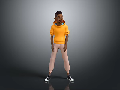 3D Character Model In Orange Hoodie Beige Pants And Black Sneakers Standing 3d model