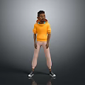 3D Character Model In Orange Hoodie Beige Pants And Black Sneakers Standing