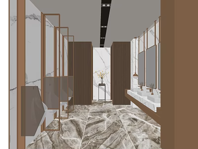 Modern Public Restroom Interior Design With Marble Flooring Mirrors And Sinks 3d model