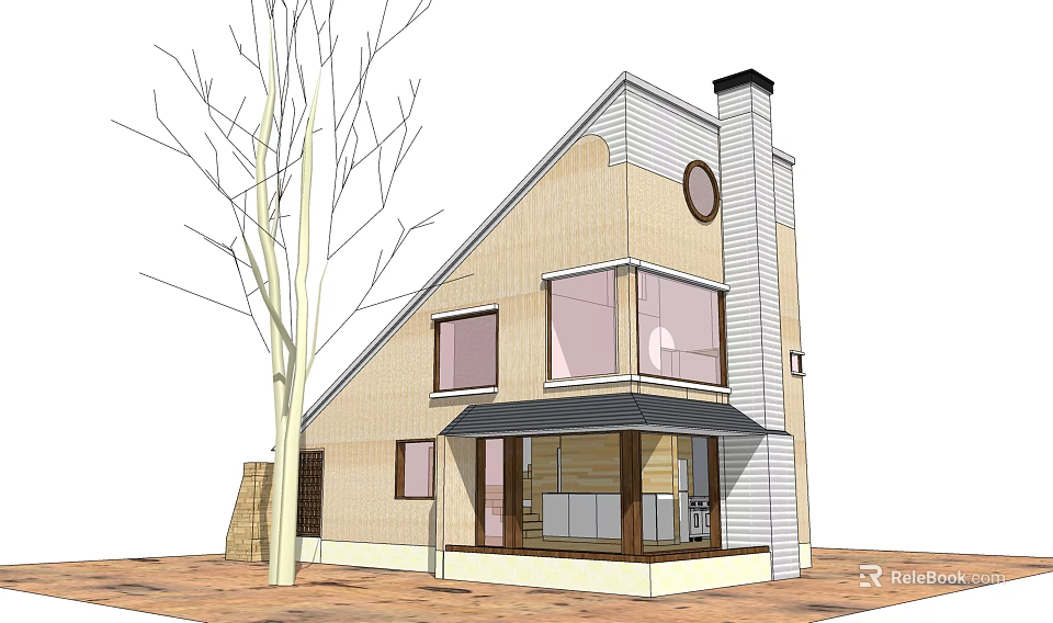 Single Family Detached House With Gabled Roof Chimney Large Windows Porch And Tree 3d model 