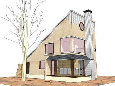 Single Family Detached House With Gabled Roof Chimney Large Windows Porch And Tree 3d model