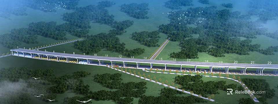 Aerial View Of Highway Bridge With Green Landscape Trees Road Lanes And Scenic Surroundings 3d model 
