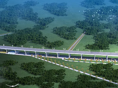 Aerial View Of Highway Bridge With Green Landscape Trees Road Lanes And Scenic Surroundings 3d model