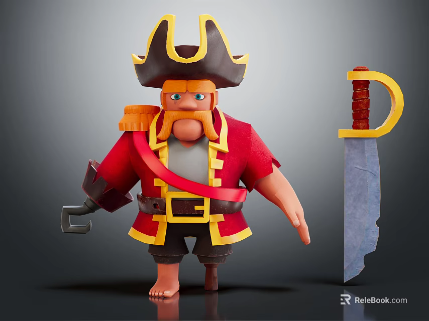 Cartoon Pirate Character With Red Coat Yellow Trim Horned Hat And Big Sword 3d model 