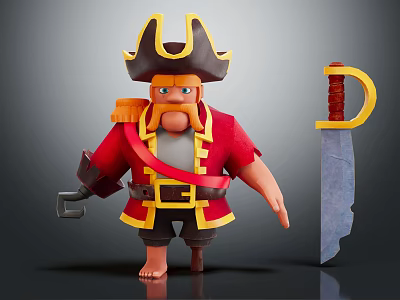 Cartoon Pirate Character With Red Coat Yellow Trim Horned Hat And Big Sword 3d model