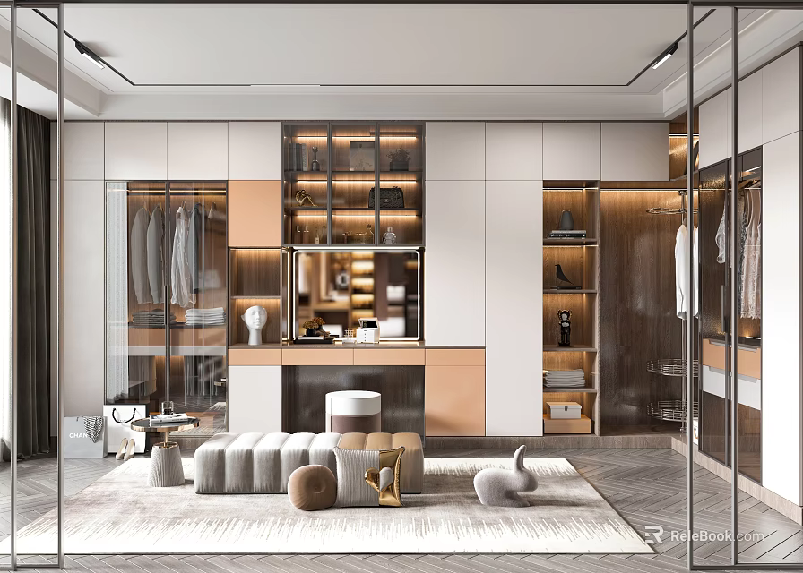 Modern Elegant Walk-in Closet Interior Design With Glass Doors Cabinets Dressing Table Seating And Rug 3d model 