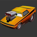 Yellow And Red Animated Cartoon Car With Big Eyes Black Stripes And Large Engine