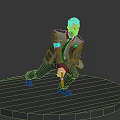 Futuristic Male Character 3D Model With Blue Glowing Outfit in Crouching Pose on Circular Platform