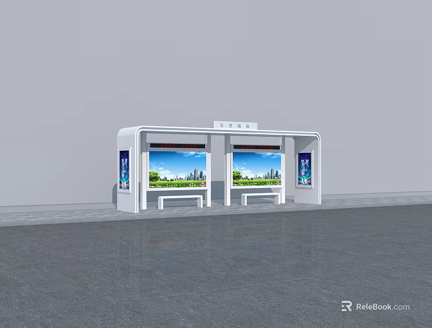 Garden Landscape On Billboard At Modern Bus Stop With Benches And Green Plants 3d model 