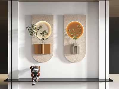 Modern Wall Decor With Circular Lights Plants And Shelves 3d model