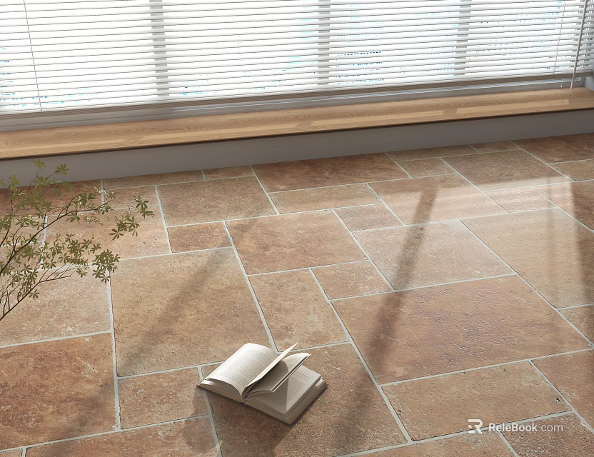 Warm Toned Natural Texture Floor Tiles With Open Book Potted Plant And Sunlight Shadows 3d model 
